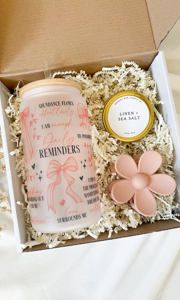 Personalized Pamper Gift Box For Her Self Care Pregnancy Gift Set Mental Health Awareness Gift Hug in a Box Tumbler Glass Can Gift set