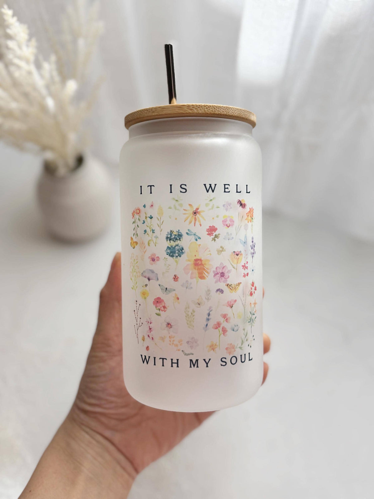 Bible Affirmation Glass Can Tumbler 16 oz Libbey Iced Coffee Cup Tumbler Bible Verse Coffee Cup Birth Flower Glass Cup with Lid and Straw