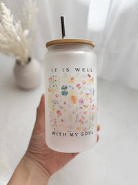 Bible Affirmation Glass Can Tumbler 16 oz Libbey Iced Coffee Cup Tumbler Bible Verse Coffee Cup Birth Flower Glass Cup with Lid and Straw