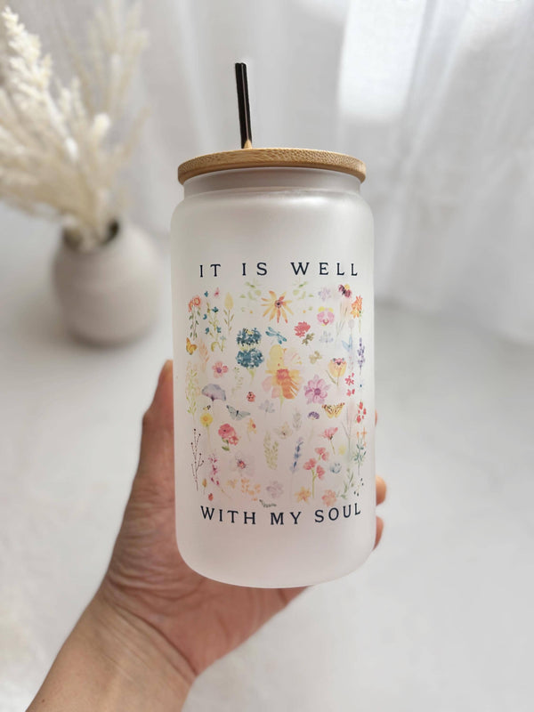 Bible Affirmation Glass Can Tumbler 16 oz Libbey Iced Coffee Cup Tumbler Bible Verse Coffee Cup Birth Flower Glass Cup with Lid and Straw