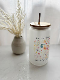 Bible Affirmation Glass Can Tumbler 16 oz Libbey Iced Coffee Cup Tumbler Bible Verse Coffee Cup Birth Flower Glass Cup with Lid and Straw