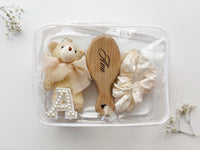 Personalized 10 Year Old Girl Birthday Present Gift Set Engraved Wooden Brush Teddy Bear Keychain & Satin Scrunchie Birthday Gift for Tween