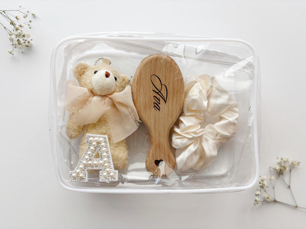 Personalized 10 Year Old Girl Birthday Present Gift Set Engraved Wooden Brush Teddy Bear Keychain & Satin Scrunchie Birthday Gift for Tween