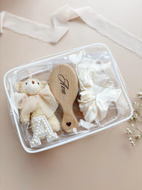 Personalized 10 Year Old Girl Birthday Present Gift Set Engraved Wooden Brush Teddy Bear Keychain & Satin Scrunchie Birthday Gift for Tween