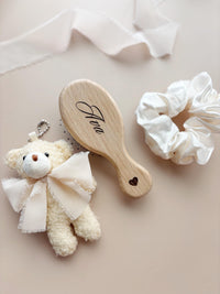 Personalized 10 Year Old Girl Birthday Present Gift Set Engraved Wooden Brush Teddy Bear Keychain & Satin Scrunchie Birthday Gift for Tween