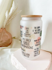 Bible Affirmation Glass Can Tumbler 16 oz Libbey Iced Coffee Cup Tumbler Bible Verse Coffee Cup Daily Reminder Glass Cup with Lid and Straw
