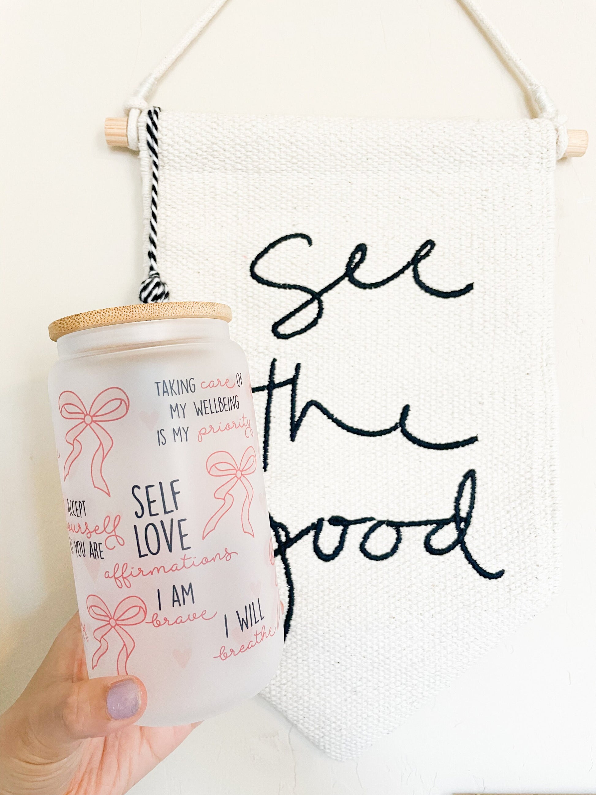 Affirmation Glass Can Tumbler 16 oz Libbey Iced Coffee Cup Tumbler Mental Health Awareness Gift Daily Reminder Glass Cup with Lid and Straw