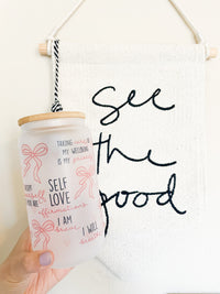 Affirmation Glass Can Tumbler 16 oz Libbey Iced Coffee Cup Tumbler Mental Health Awareness Gift Daily Reminder Glass Cup with Lid and Straw