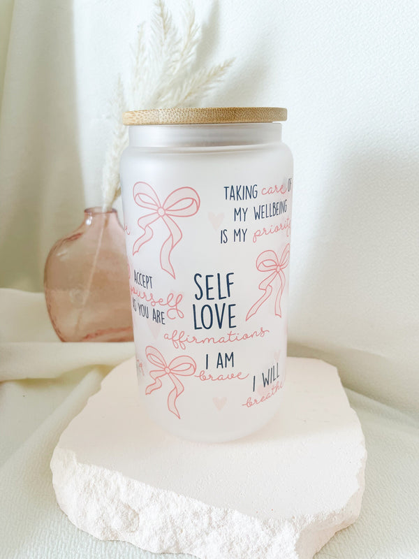 Affirmation Glass Can Tumbler 16 oz Libbey Iced Coffee Cup Tumbler Mental Health Awareness Gift Daily Reminder Glass Cup with Lid and Straw