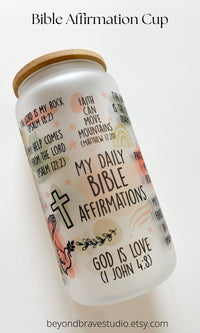 Bible Affirmation Glass Can Tumbler 16 oz Libbey Iced Coffee Cup Tumbler Bible Verse Coffee Cup Daily Reminder Glass Cup with Lid and Straw