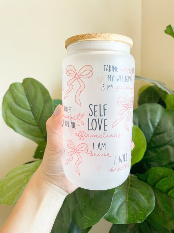 Affirmation Glass Can Tumbler 16 oz Libbey Iced Coffee Cup Tumbler Mental Health Awareness Gift Daily Reminder Glass Cup with Lid and Straw